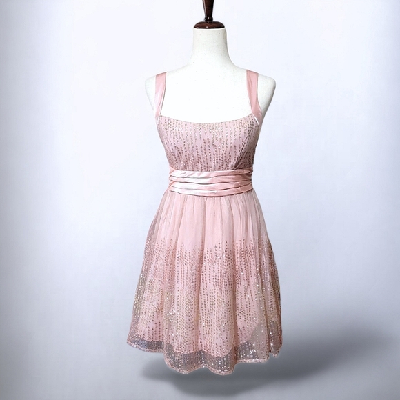 Windsor Soft Pink Short Cocktail Prom Party Dress with Gold Glitter Sparkle - Picture 16 of 17